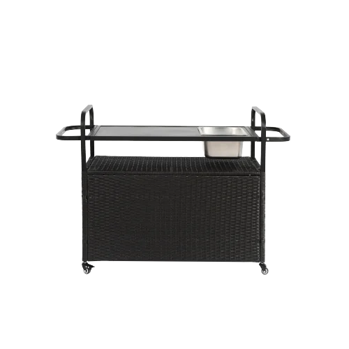 Yiweny Outdoor Rolling Wicker Bar Cart, Large Portable Outdoor Wicker Bar Table with Cabinet Storage and Glass Countertop, Patio Wicker Serving Bar Cart for Pool, Party, Backyard, Black - Image 10