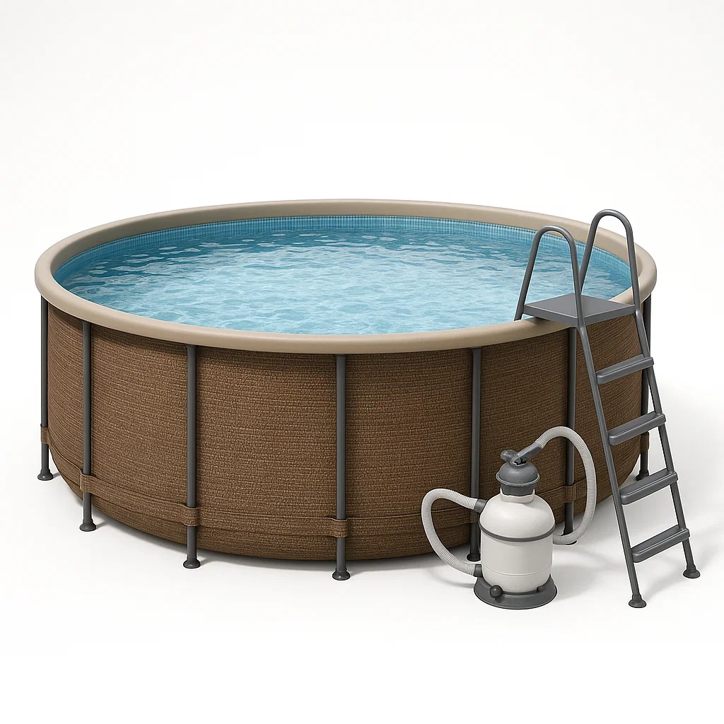 Piscina tubular redonda, diámetro 358x98 cm, color marrón con gris, incluye filtro y escalera QOaqory277Id