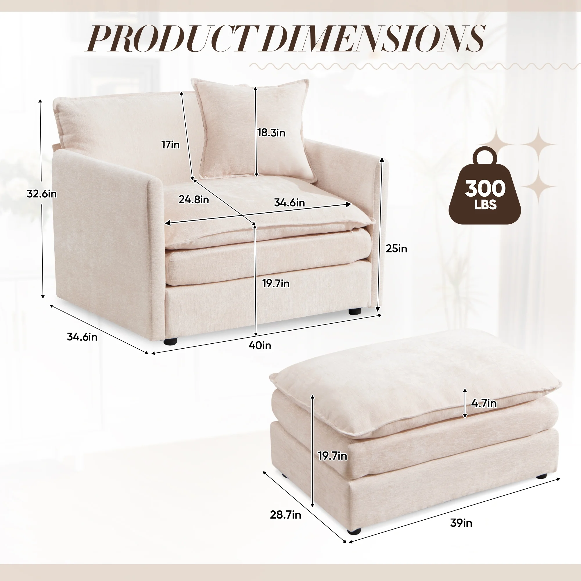 Muumblus Oversized Lounge Chair with Ottoman, Cloud Accent Armchair for Living Room, Beige Chenille - Image 16