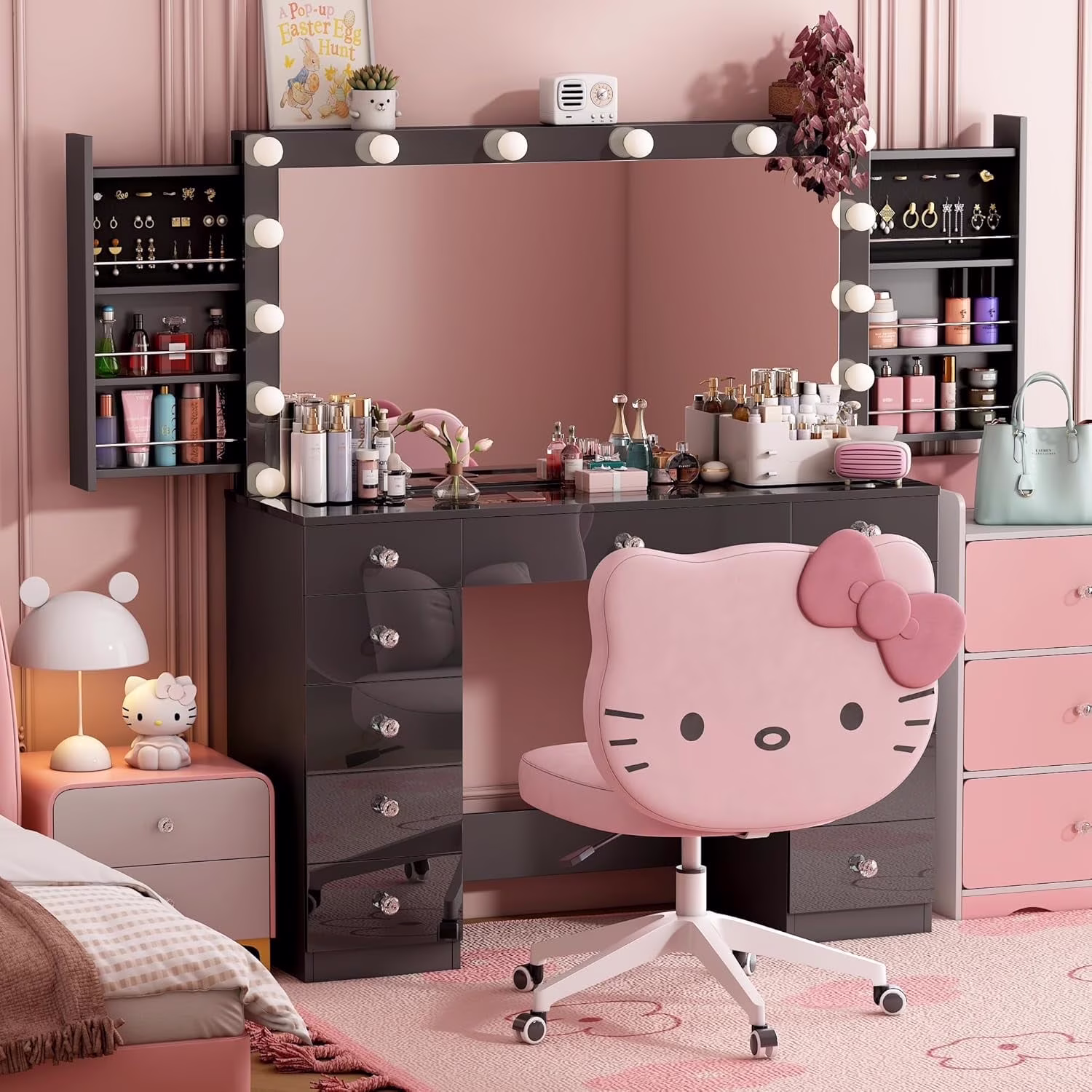 Vanity Desk with Power Outlet, Makeup Vanity with Mirror and 14 LED Light, 3 Lighting Modes,11 Drawer Vanity Table with Sliding Jewelry Storage, Glass Top, Specular Surface