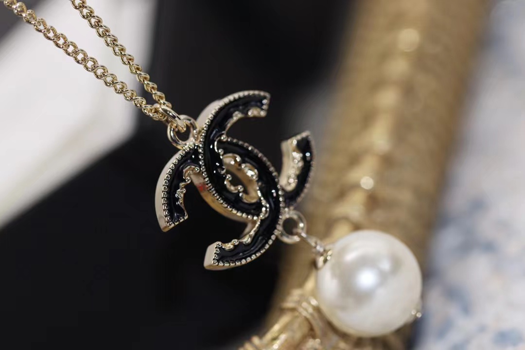 Chanel Black Double C Pearl Drop Pendant Necklace - Original Replica Club