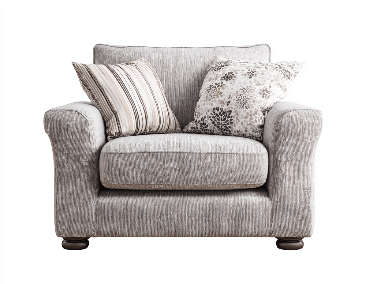 Sillón individual – tela – gris claro – con dos cojines decorativos