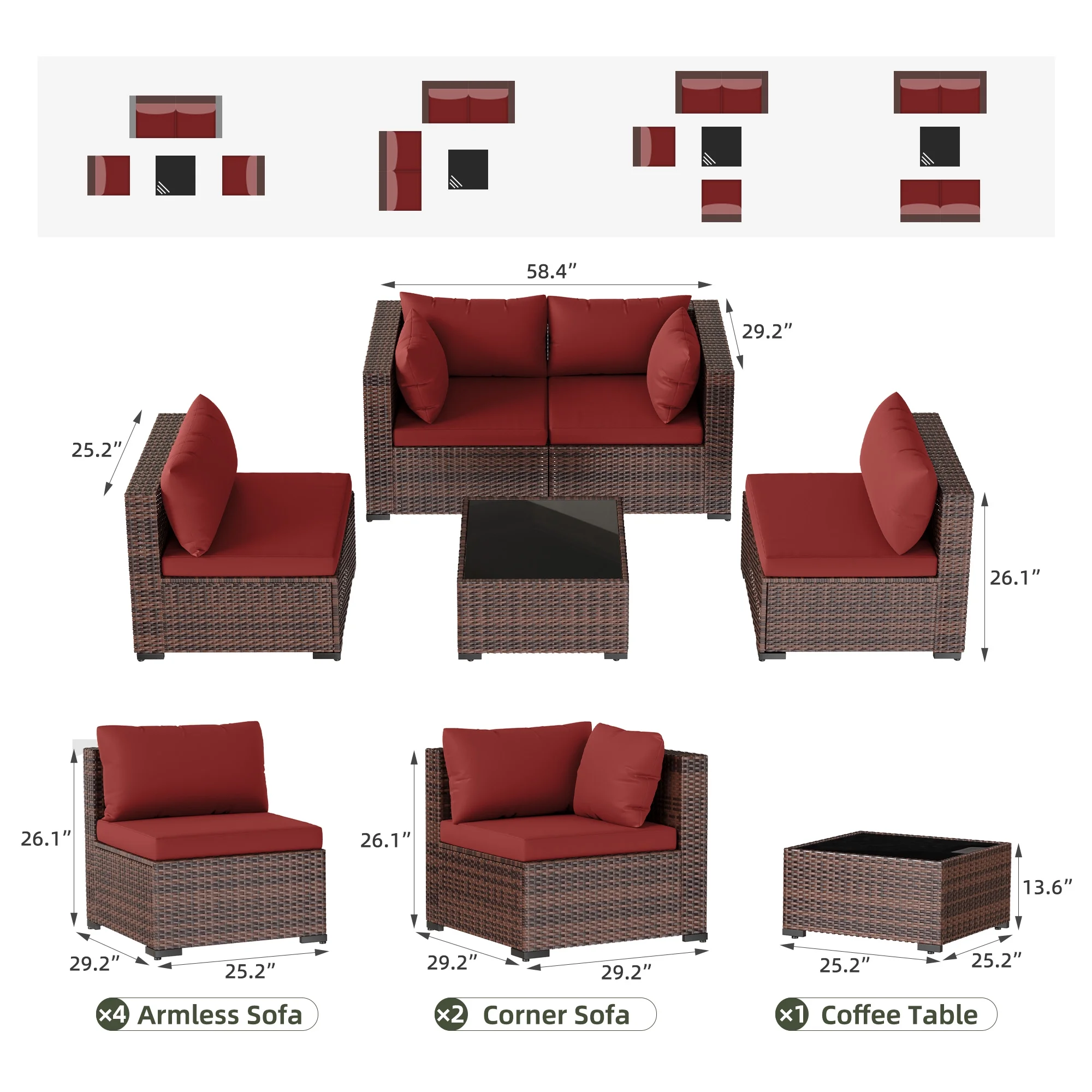 MRUAKA 8 Pieces Patio Furniture Set with Fire Pit Table, Outdoor Furniture Sectional Rattan Sofa with Slanted Back, Patio Couch with Glass Coffee Table for Backyard Garden (Dark Grey) - Image 41