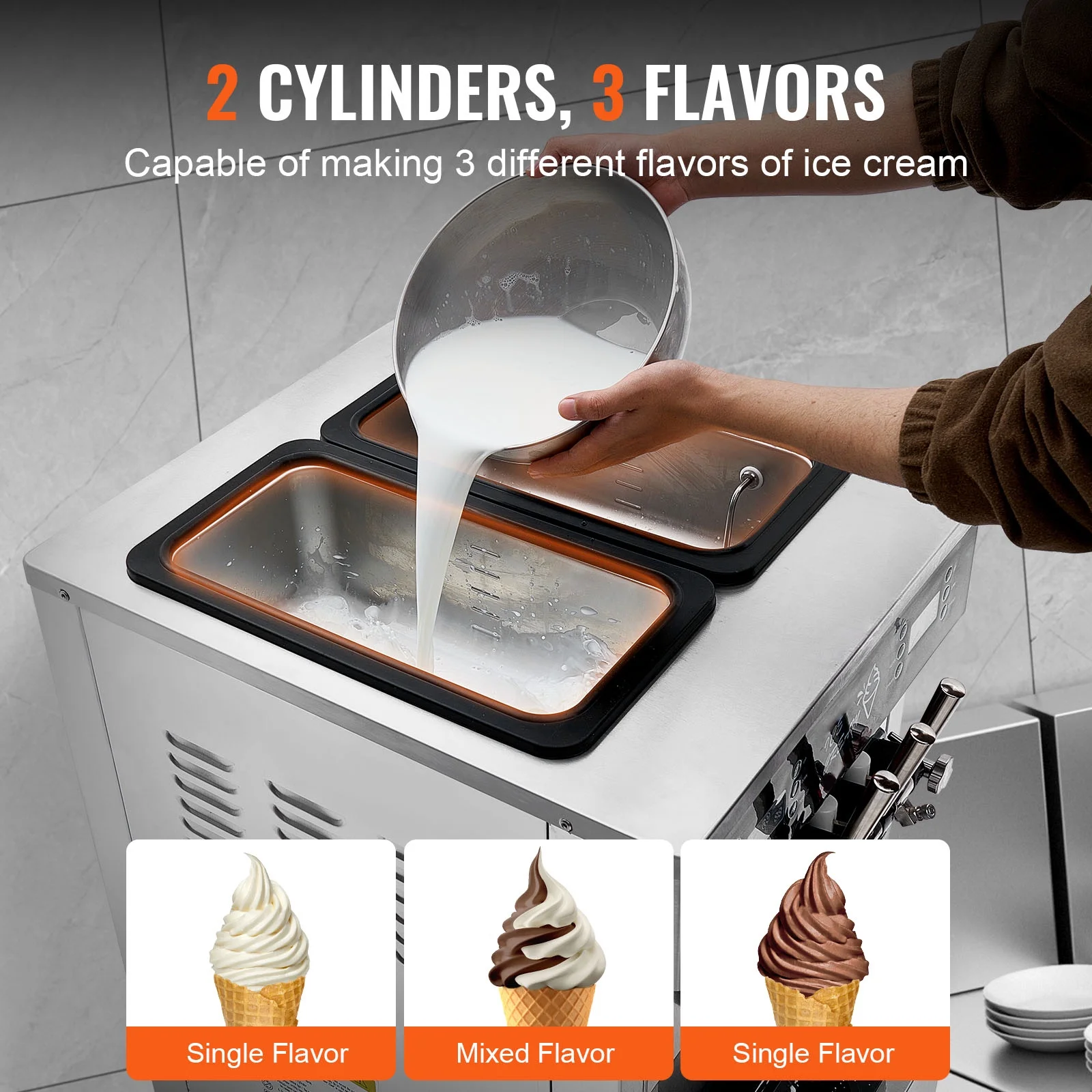KFFKFF Soft Serve Ice Cream Machine for Commercial Use, 34-44 L/H Production, 3400W, Triple Flavor, Freestanding Design, Dual 9L Stainless Hoppers, LED Control for Single Cylinder - Image 3