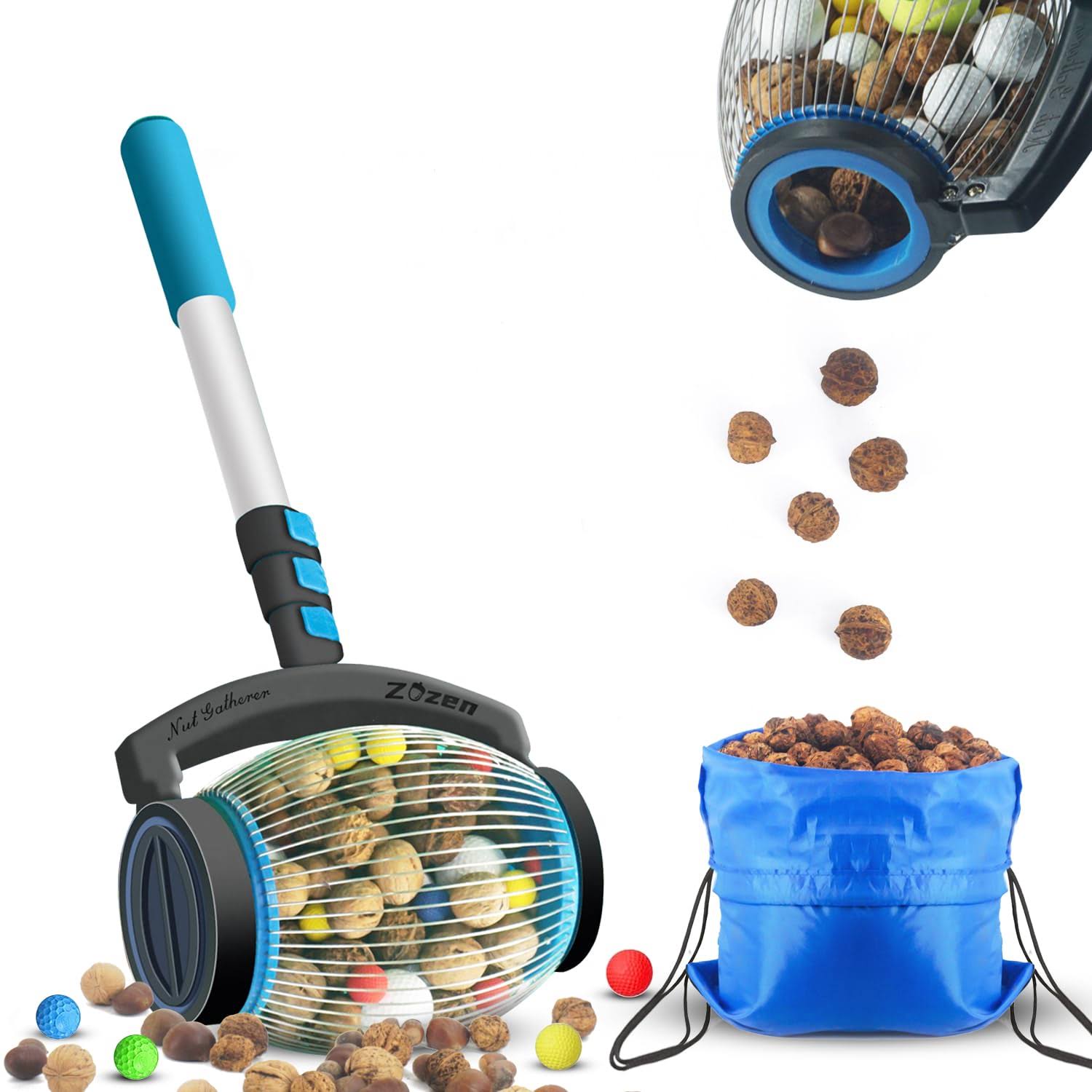 Zozen Nut Gatherer, Walnut Picker Upper Roller, Pecan Picker Upper - Side Opening Dump | Apply to Walnut, Pecan, Hickory, Chestnuts, Buckeyes, Nerf