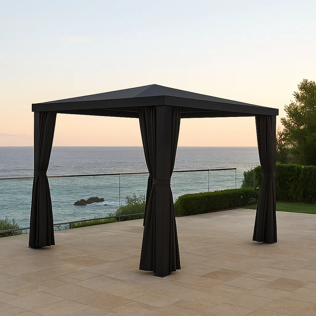Cenador y quiosco,cuadrado,de metal,negro,con techo a cuatro aguas,instalación fija,300x300x270 cm,para jardín o terraza - Yr2Cgs9xza76