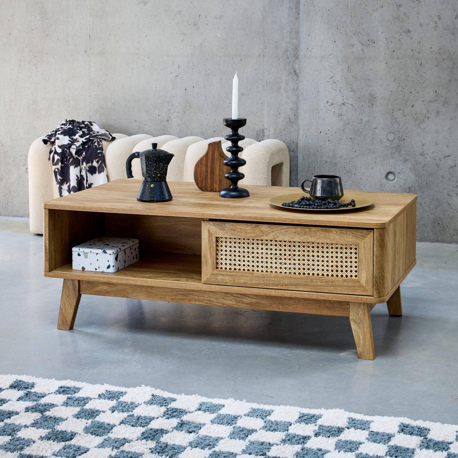 Mani - Mesa de centro con puerta corredera, 2 nichos, efecto madera y caña