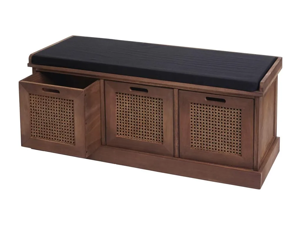 Banco de paulownia marrón y MDF con cojines negros 47x110x40cm almacenaje bfe724161