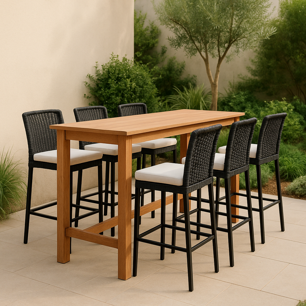 Bar de jardín , una mesa de madera y seis sillas, Madera/Negro JGfWxSV369by