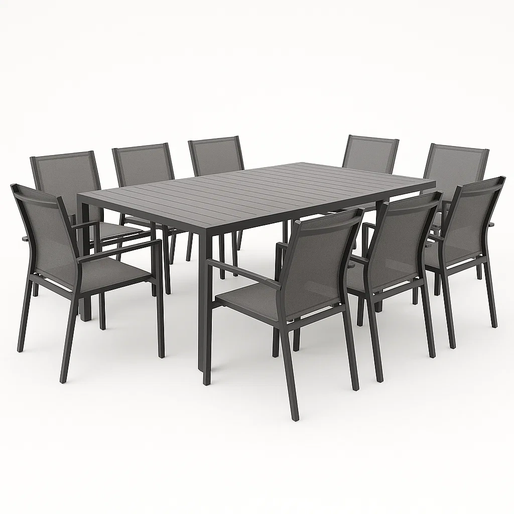 Conjunto de comedor de jardín para 9 personas, Estructura metálica, 9 sillas con respaldo de textilene, 1 mesa rectangular, Gris - VZqdAqh190Ow