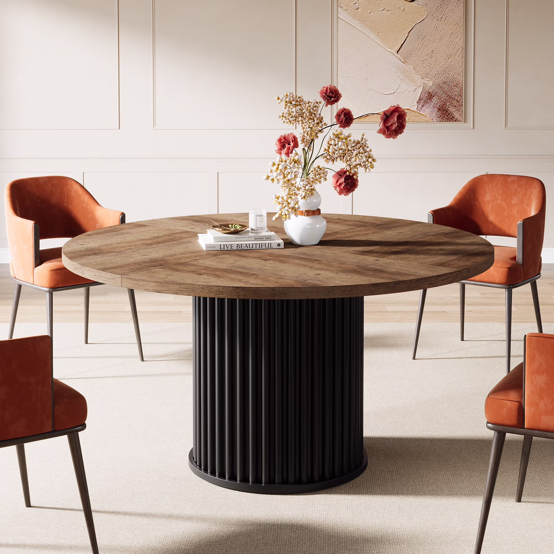 Tribesigns Black Round Dining Table for 4-6 People, 47.24-Inch Circle Wood Kitchen Table with Sturdy Fluted Metal Base, Modern Dining Room Furniture