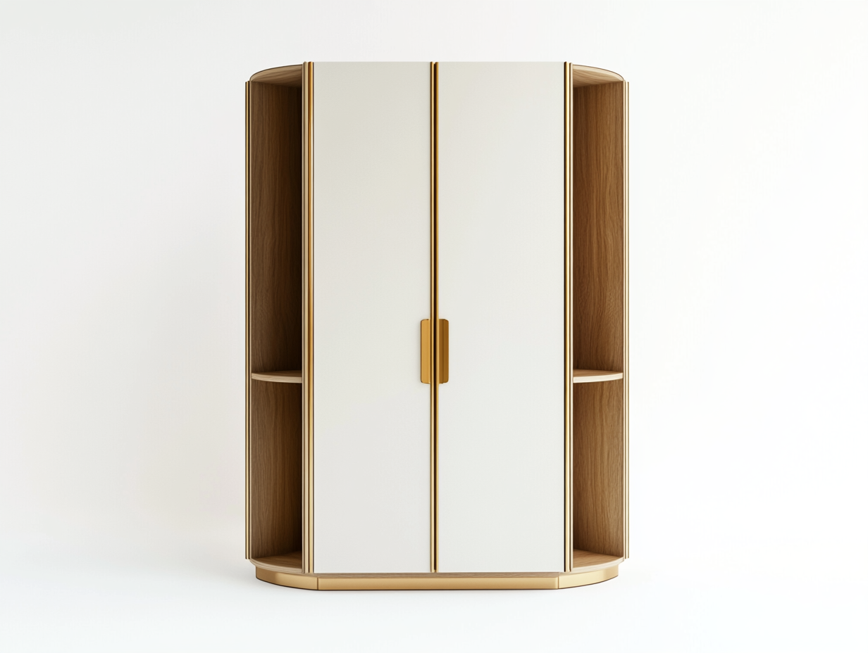 Armario de esquina trapezoidal con función de montaje, estructura de MDF en acabado roble claro con puertas frontales blancas mate y estantes laterales abiertos, ideal para dormitorio o vestidor, tamaño total: 100x100x200 cm