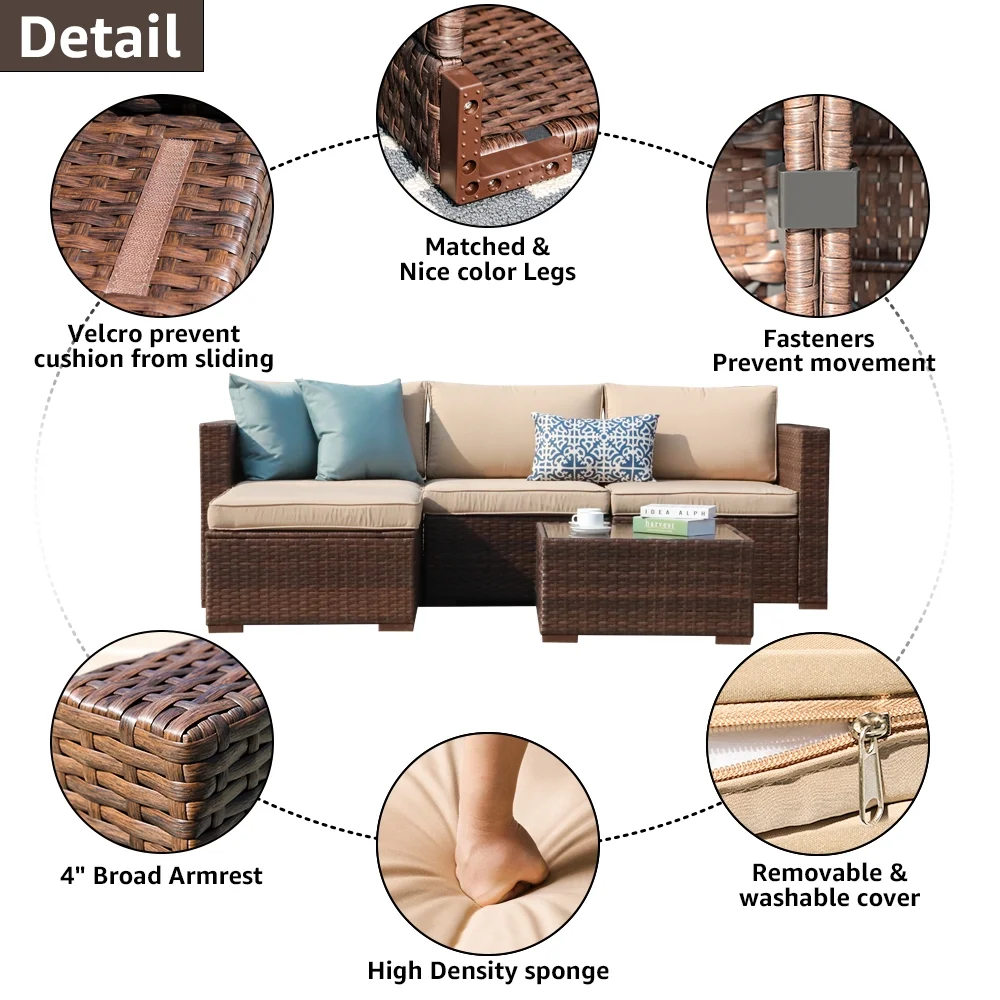 Patiorama 5-Piece Patio Furniture Set, Outdoor Sectional Conversation Set, All-Weather Grey PE Wicker with Light Grey Cushions, Backyard Porch Garden - Image 12