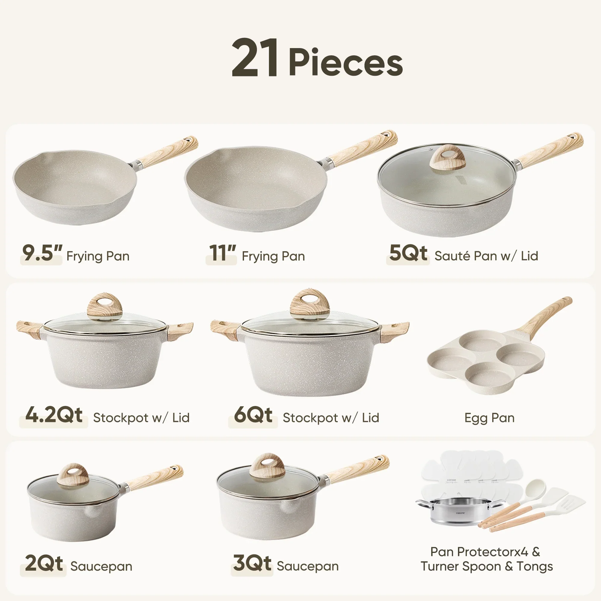 Carote Nonstick Cookware Set 21-Piece,Kitchen Pots and Pans Set,Stay-Cool Handles, Induction Compatible,Cookware Set for RV and Camping,Beige