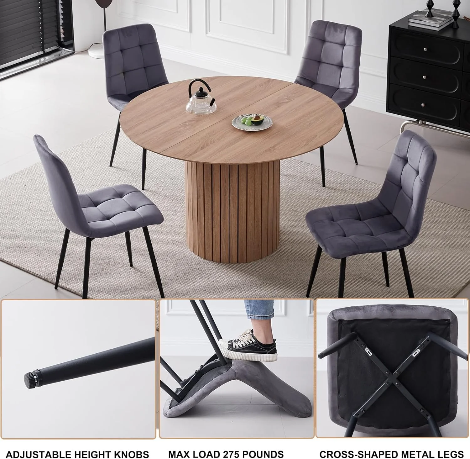 5 Piece Round Dining Table Set - Mid-Century 47 inch Oak Dining Table with 4 Brown Faux Leather Chairs Set, Dinner Table & Chair with Metal Legs for Kitchen Dining Room, Apartment, Bedroom - Image 17