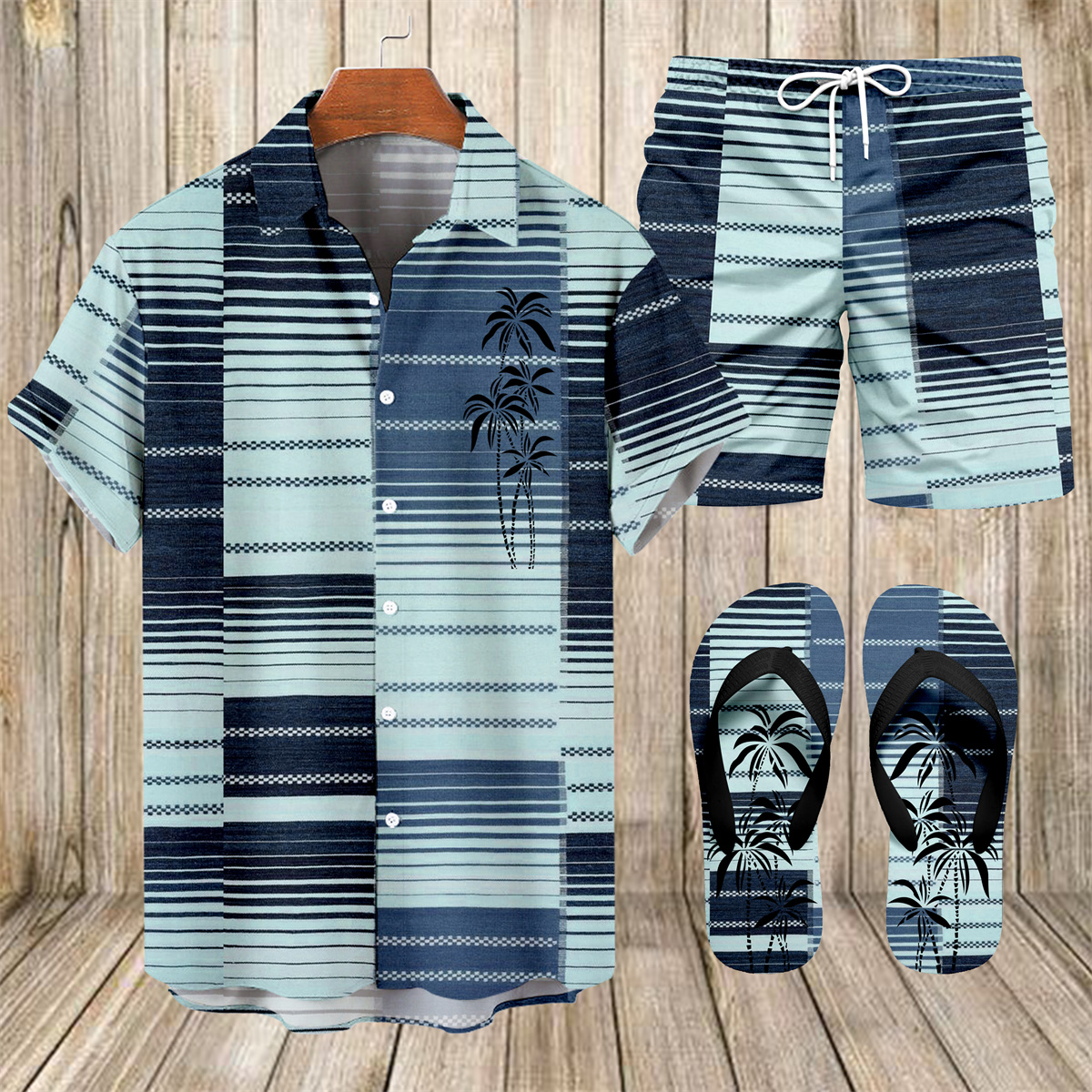 Suitmens Men's Hawaiian Bowling Print Shirt Three-Piece Set 049