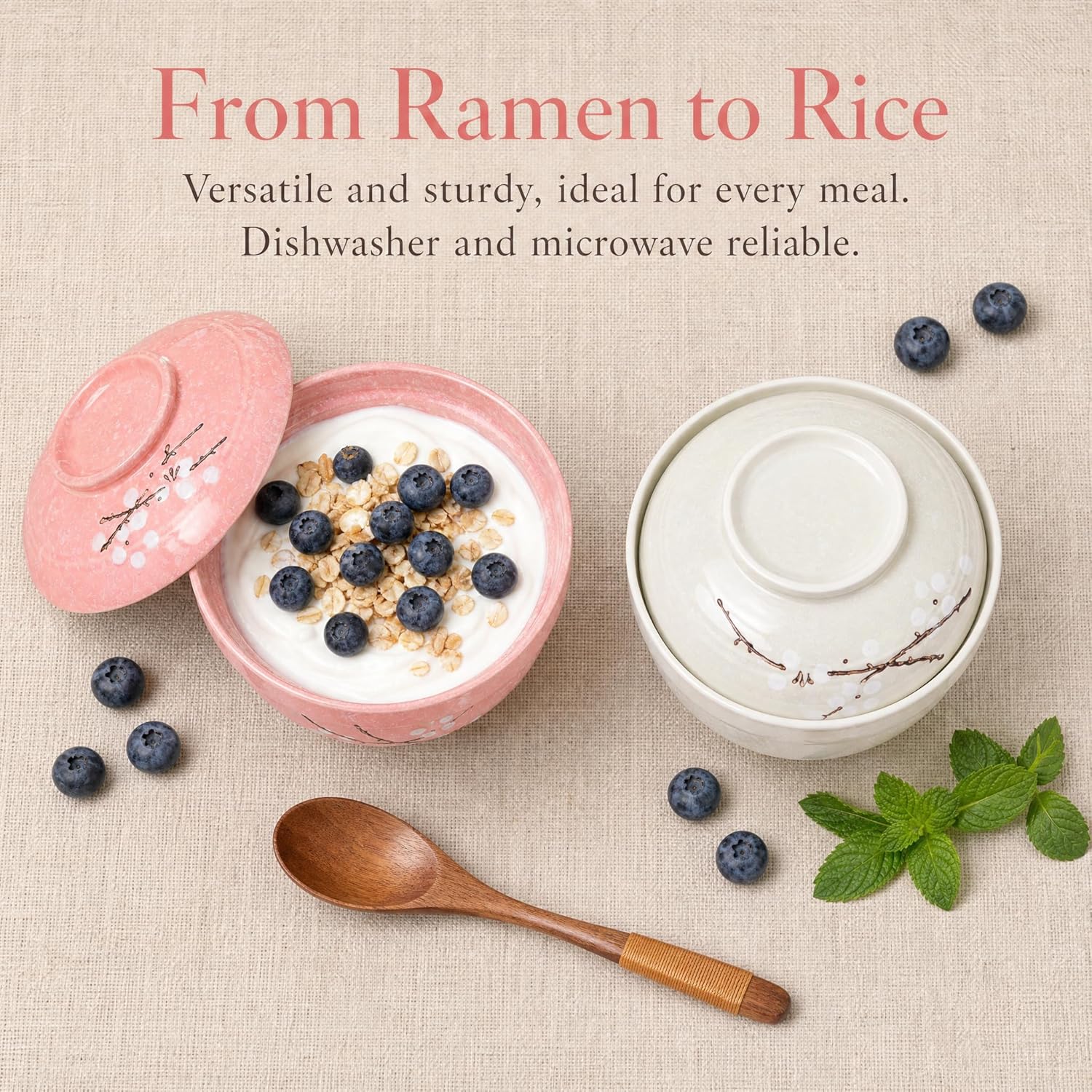 Goaste 2 Pack Ceramic Ramen Noodle Bowl, 27 OZ Big Ramen Bowl with Lid, Japanese Hand-Painted Ceramic Tableware, Durable Floral Soup Bowl for Noodles, Porridge, Rice, Dishwasher Safe(Pink, Cyan Blue)