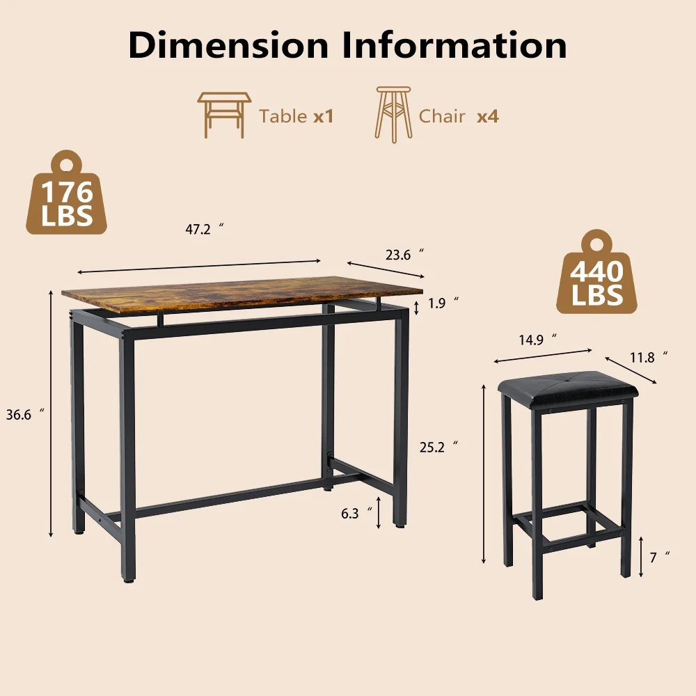 Counter Height Table Set of 5, Breakfast Bar Table and Stool Set, Minimalist Dining Table with Backless Stools, Wood Top Pub Table & Chair Set for Kitchen Apartment Bistro - Space Saving - Image 27