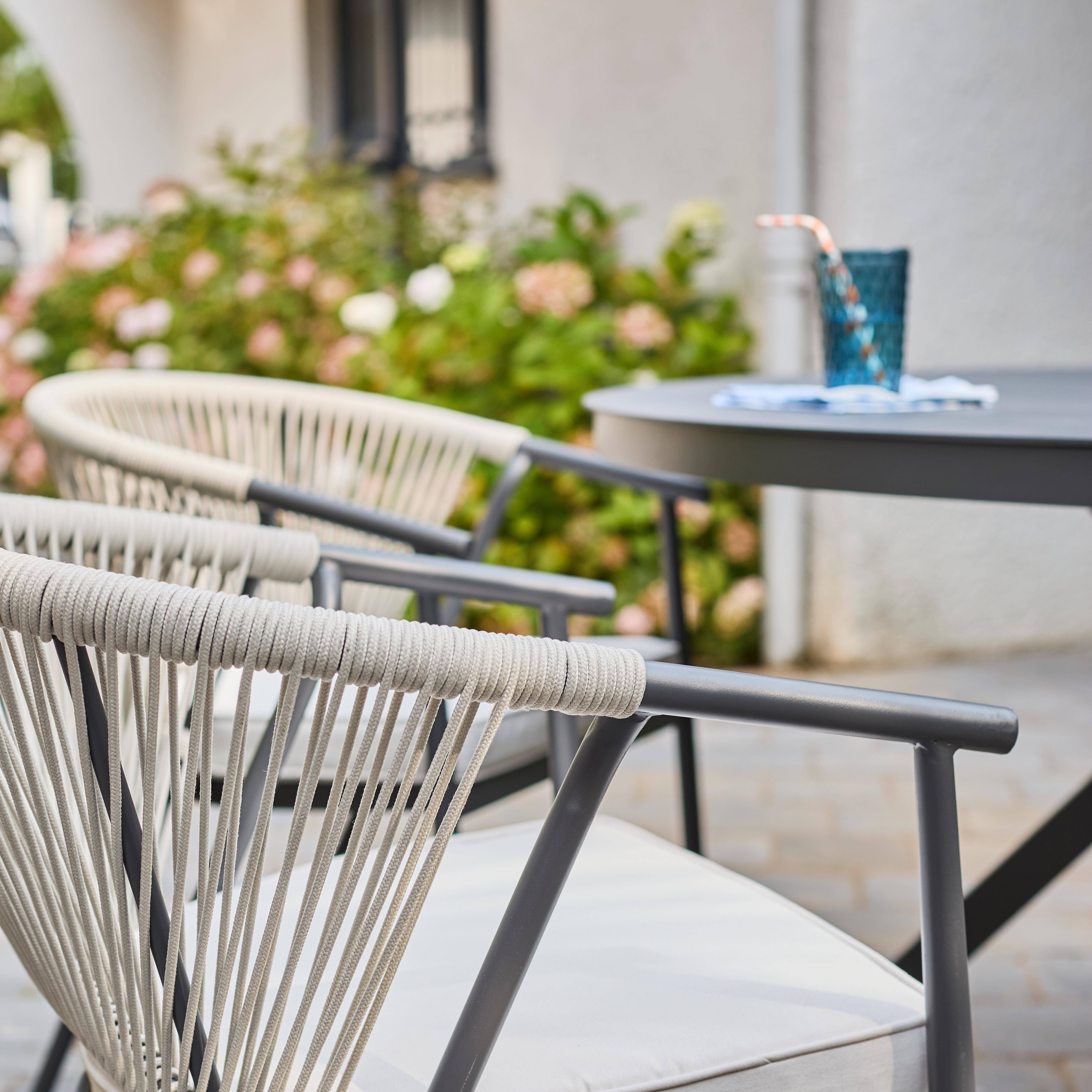 Orbis + Liora - Set mesa de jardín redonda de aluminio y vidrio, 6 plazas