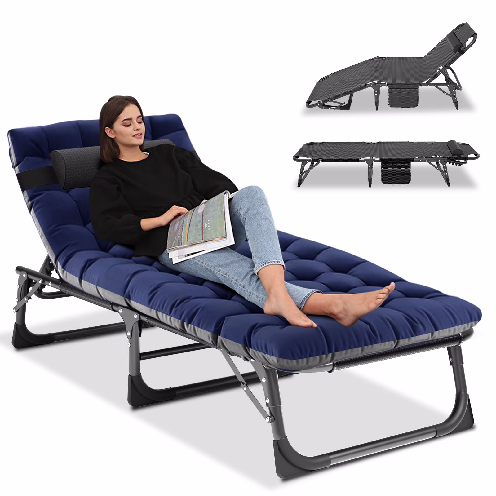 MOPHOTO Lounge Chair with Mattress, Outdoor Chaise Lounge Support 440 Lbs, Adjustable Portable Heavy Duty Sleeping Cots Bed for Camping, Pool, Beach, Patio - Image 5