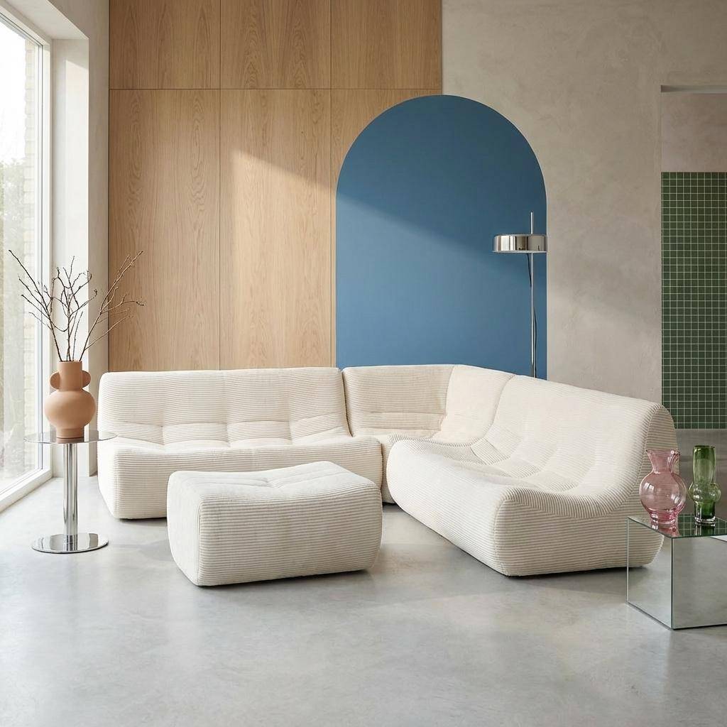 Sokol pana - Sofá modular esquinero con reposapiés de terciopelo de pana fina, 7 plazas
