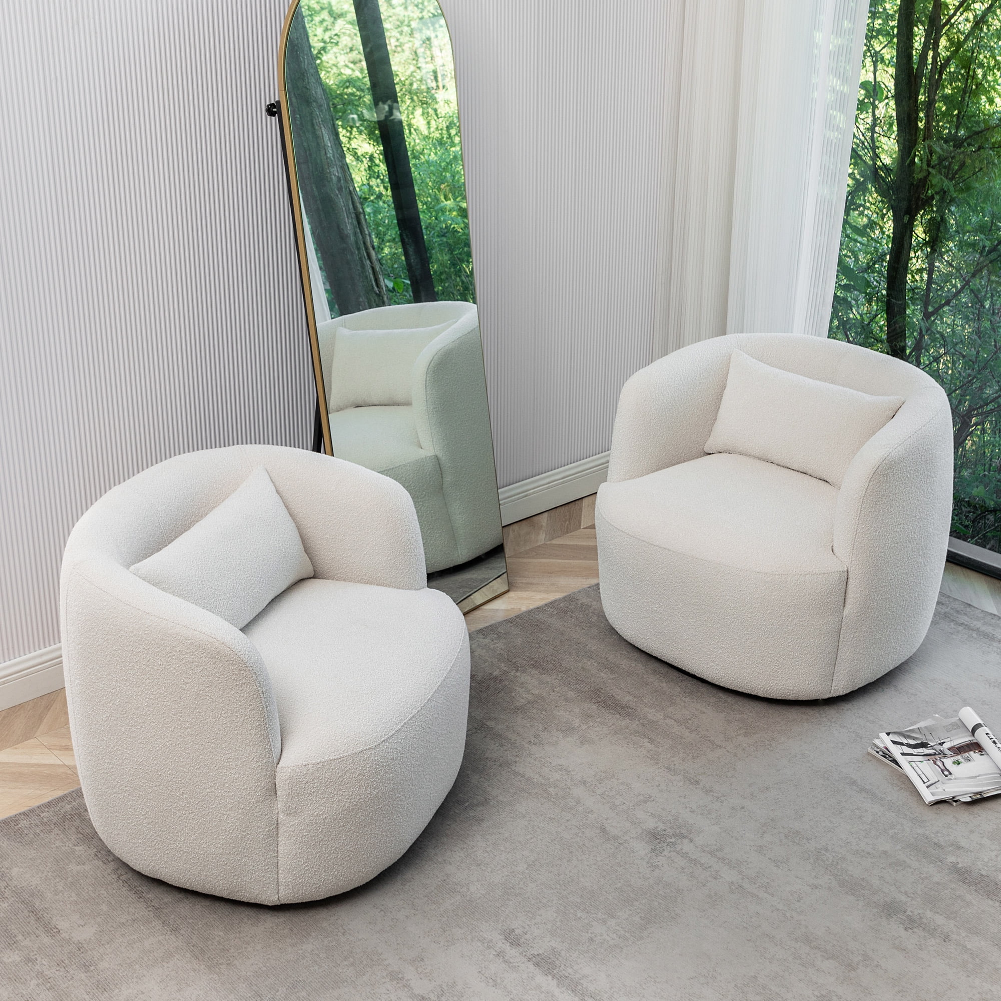 34" Wide Boucle Swivel Barrel Chair, No Assembly Round Upholstered Armchair Accent Chair Single Sofa Chair with Toss Pillow for Living Room and Bedroom, Taupe - Image 19