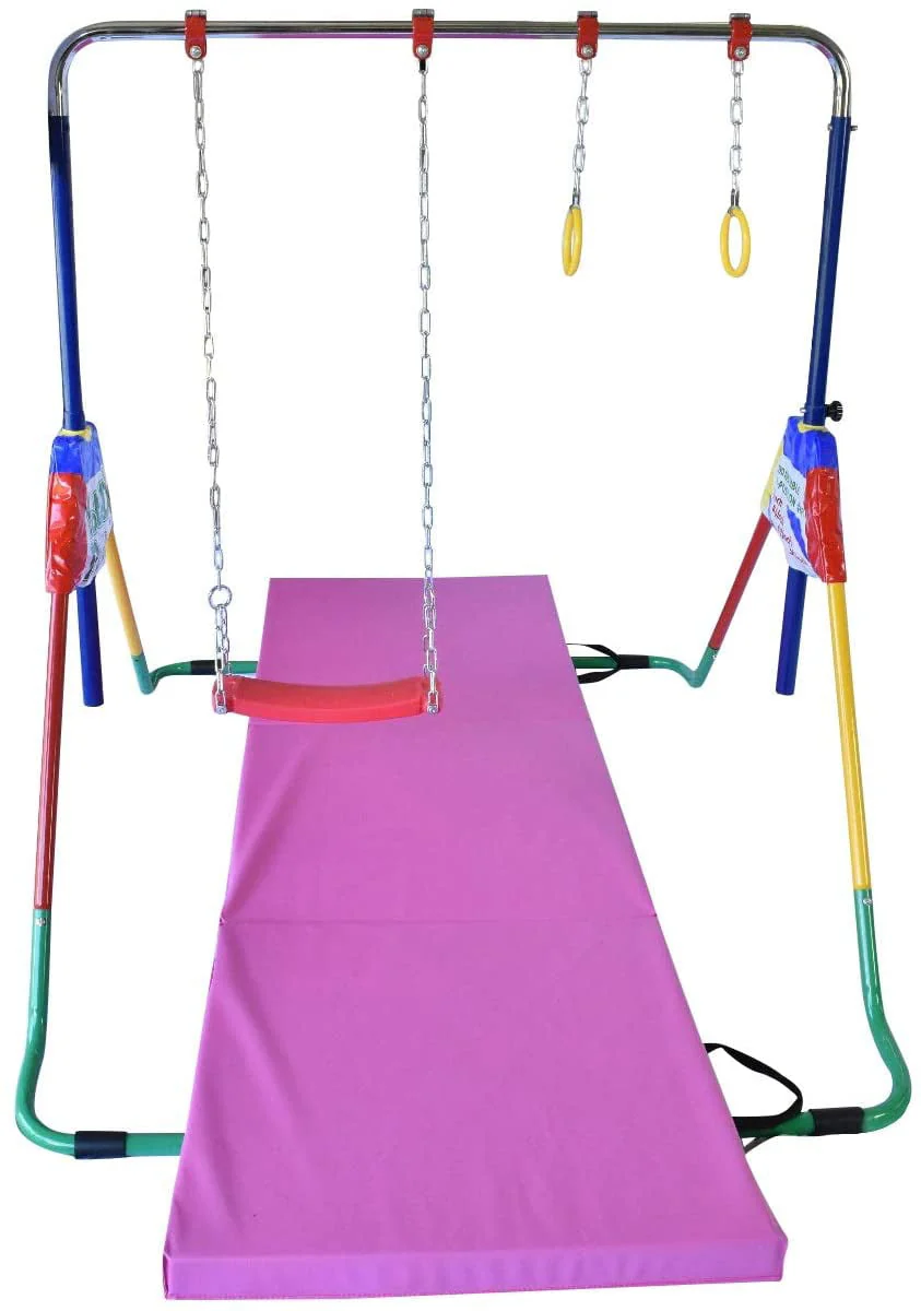 Adjustable Height Gymnastics Bar for Kids Kip Bar 6 in 1 Set, 6'x2' Gymnastic Tumble Mat, Swing Seat, 2 Trapeze Rings, Basketball Hoop, Home Junior Training Monkey Bars Fitness Balance Horizontal Bar - Image 3
