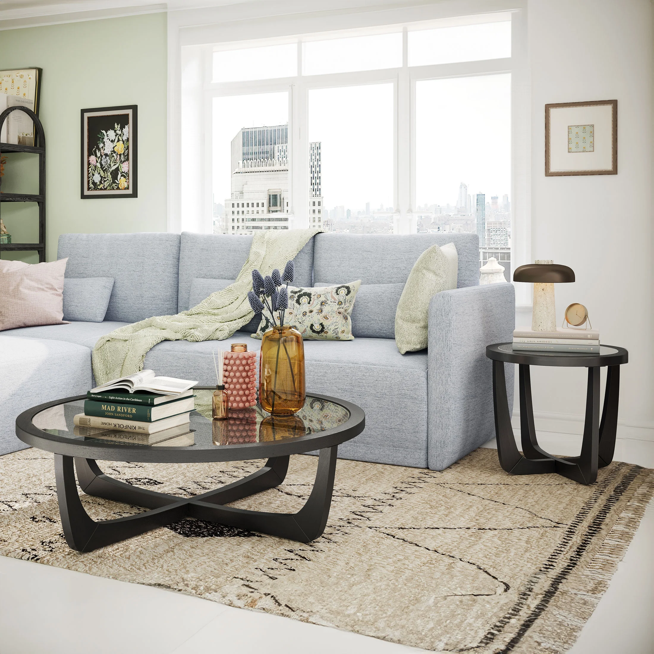Beautiful by Drew Barrymore Round Rattan and Glass Top Coffee Table, Black - Image 4