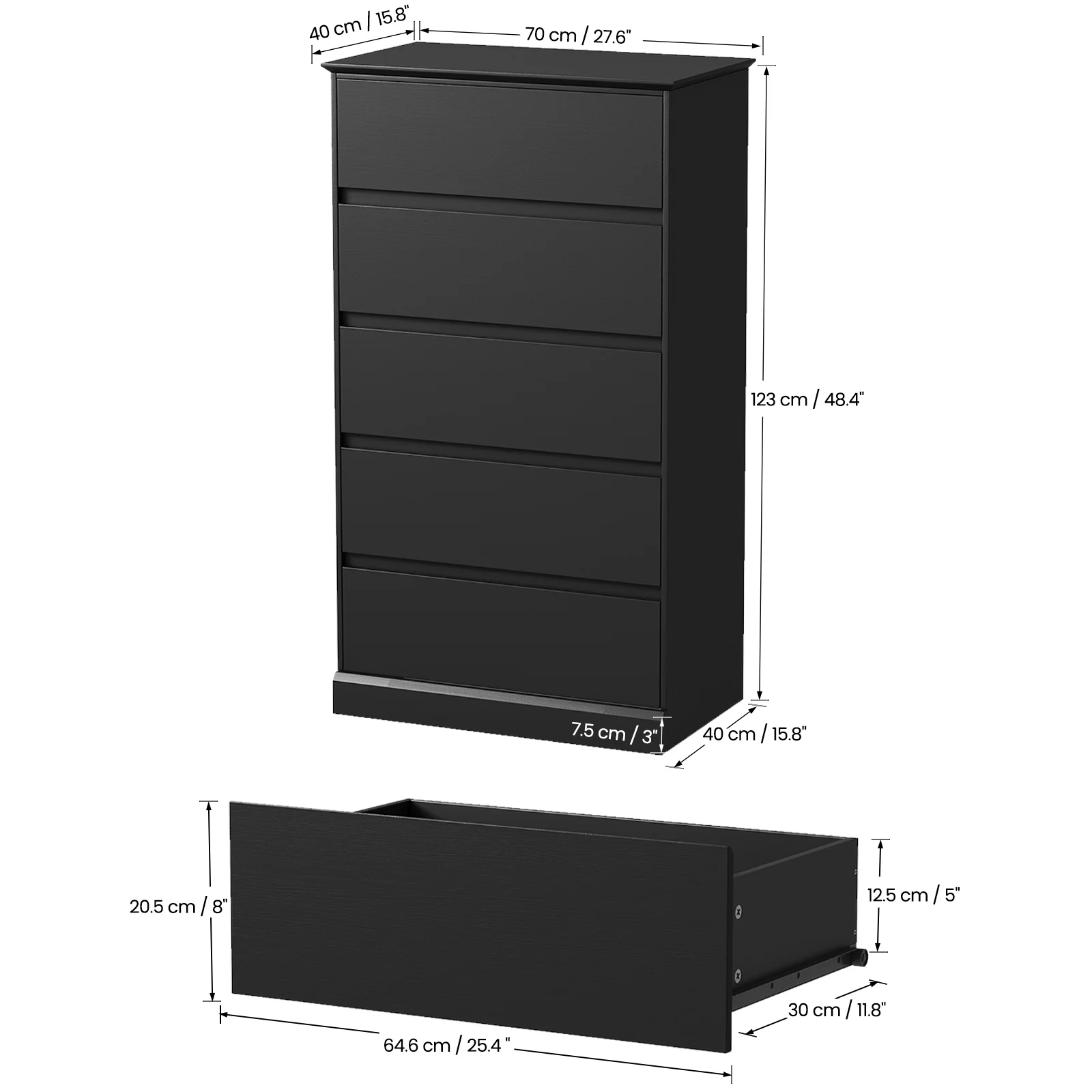 Black Dresser Bedroom Dresser, Tall Wood 5 Drawer Dresser & Chest of Drawers for Closet, Living Room Hallway Kids Bedroom - Image 4