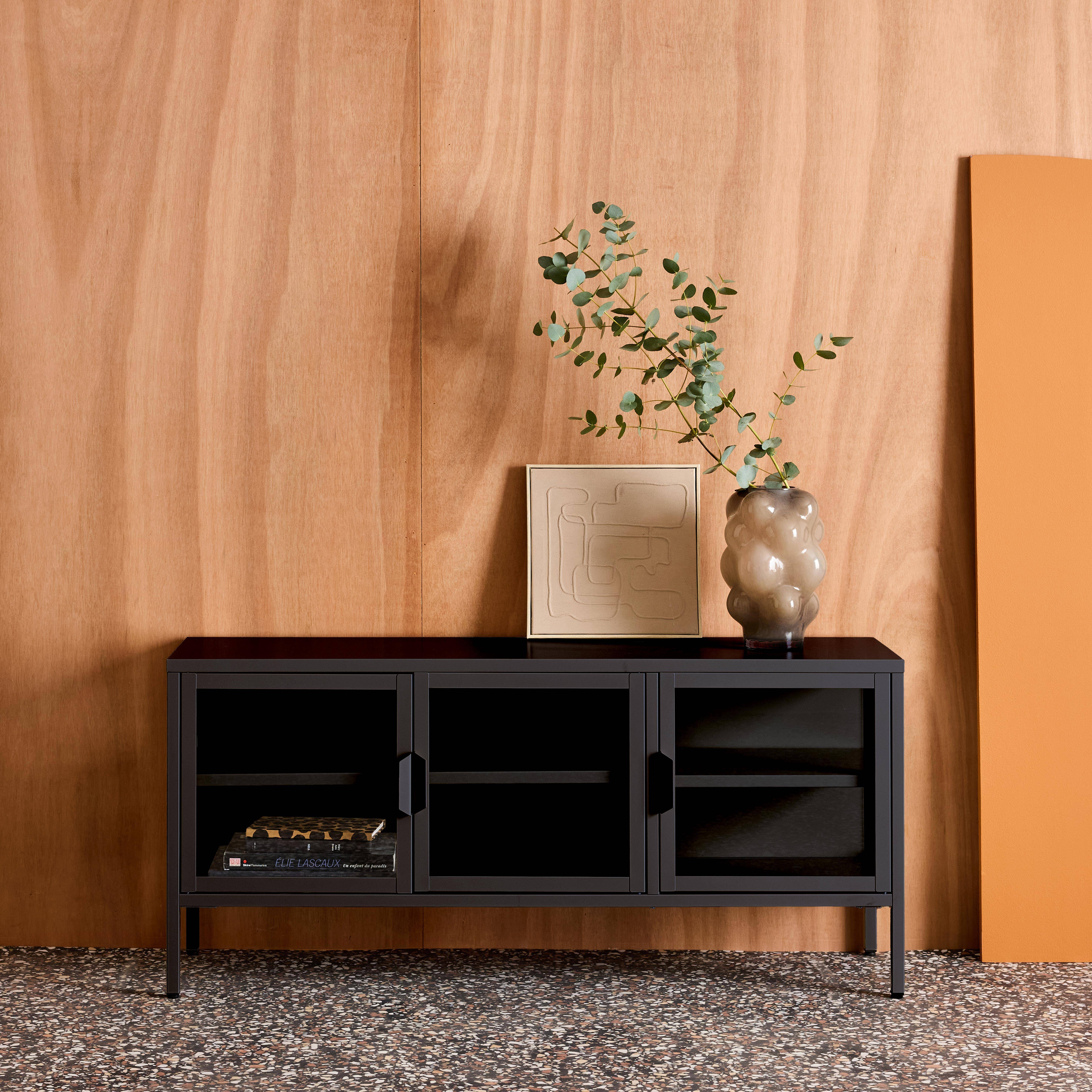 Arkansas - Mueble de TV industrial de metal y vidrio templado con 3 puertas, 120cm