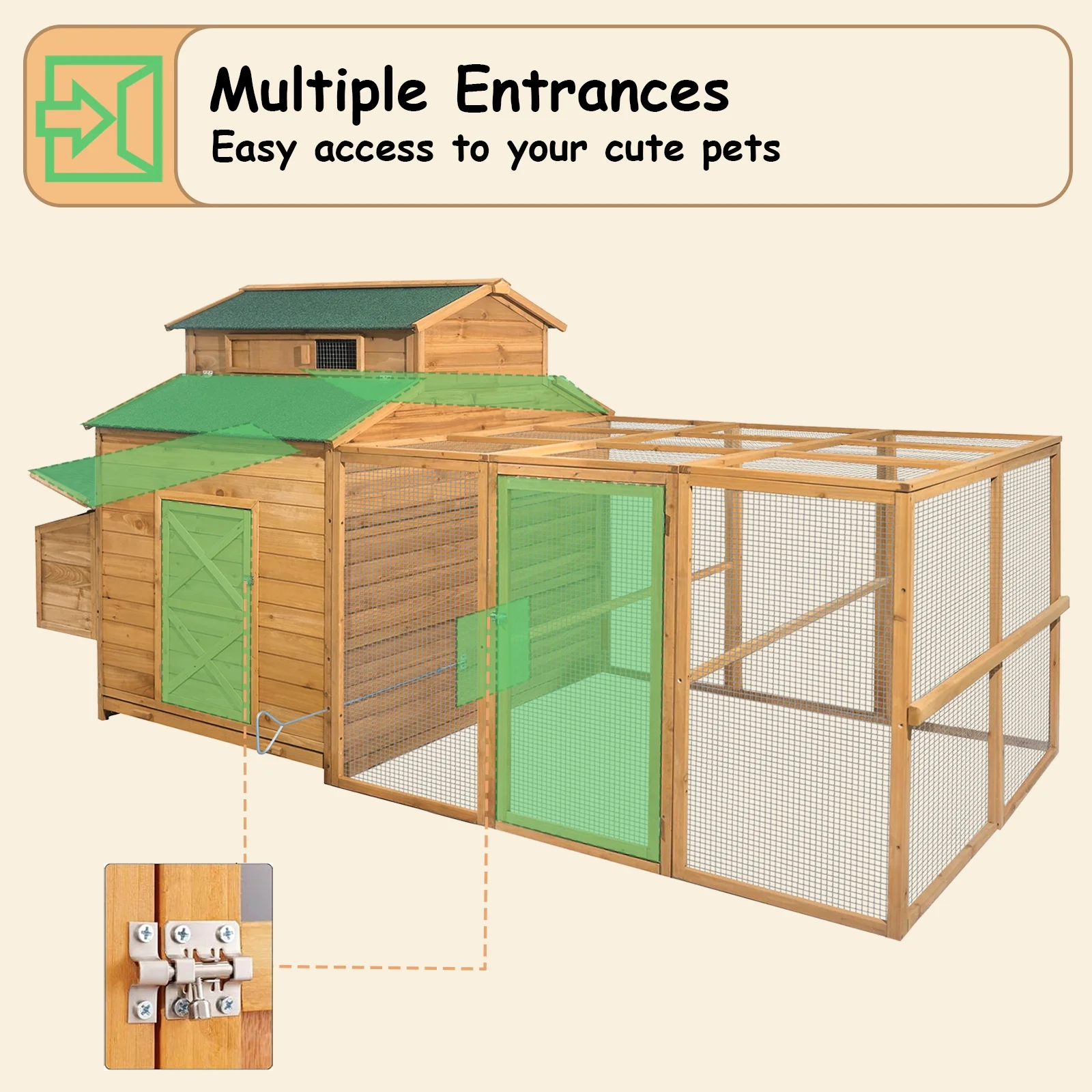 Chicken Coop for 6-10 Chickens, 112" Extal Large Chicken Coops, with Chicken Run & Nesting Box & Secure Enclosure, Outdoor Wooden Hen House Hutch for Rabbit, Poultry Pet, Duck - Image 11