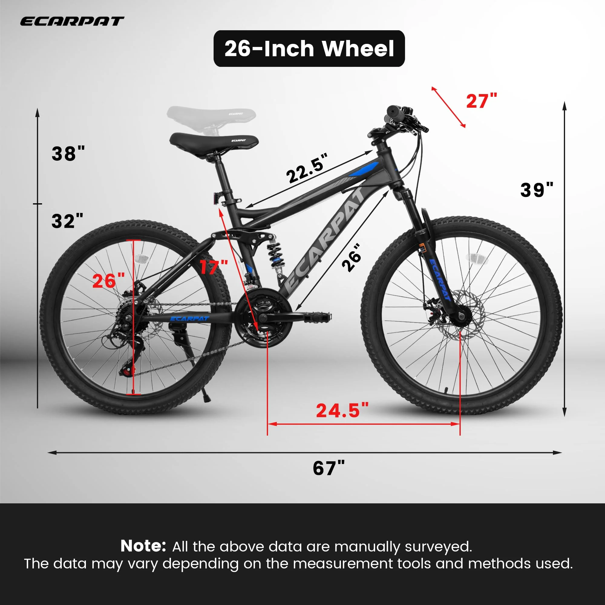 Mountain Bike 26 inch Wheels, 21-Speed Full Suspension Mens Womens Trail Commuter City Mountain Bike, Carbon Steel Frame Disc Brakes Thumb Shifter Front Fork Rear Shock Absorber Bicycles - Image 4