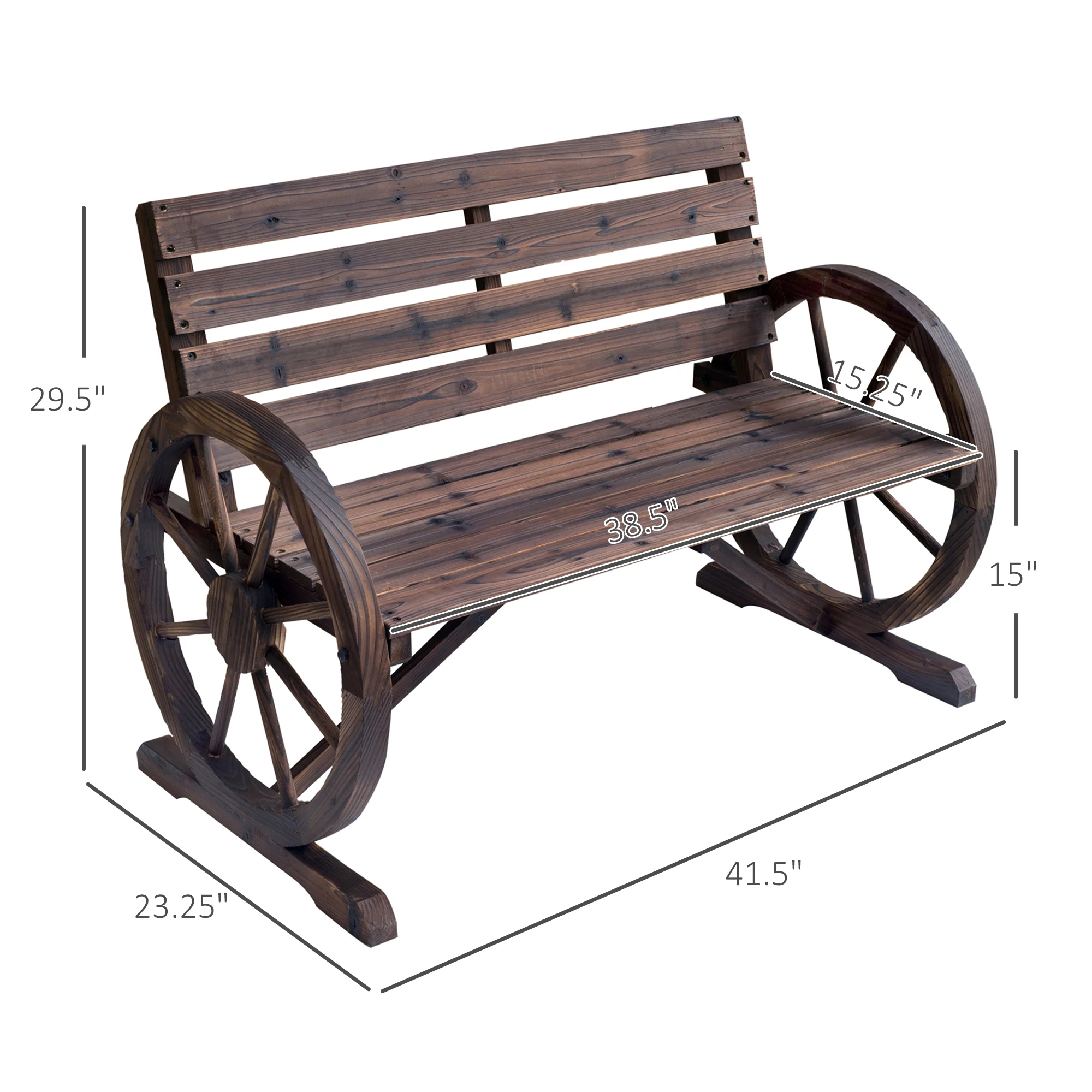 Outsunny Wooden Wagon Wheel Bench Rustic Outdoor Patio Furniture, 2-Person Seat Bench with Backrest Carbonized - Image 9