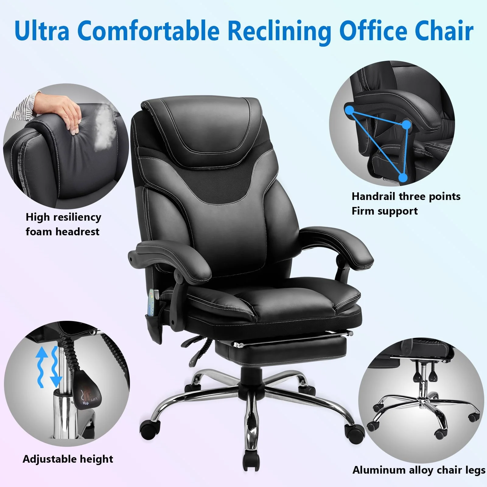 Massage Office Chair, Reclining Office Chair with Footrest, Ergonomic Office Chair with Lumbar Support, High Back Executive Office Chair, Height and Armrest Adjustable, 300lb Capacity - Image 5
