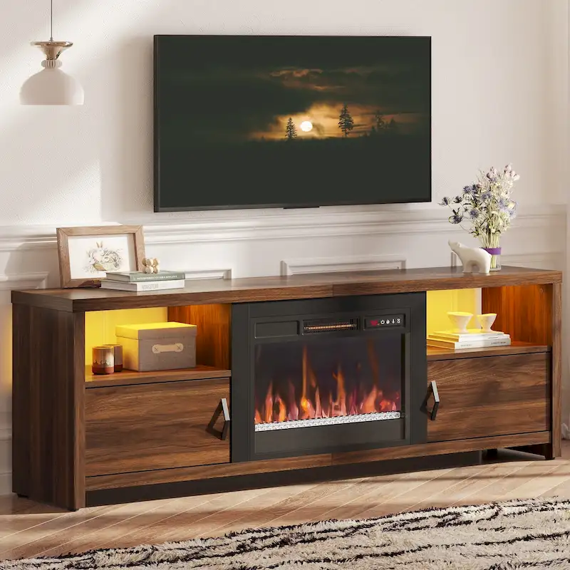 71-Inch TV Stand for 75-Inch TVs with LED Fireplace and Storage Cabinet