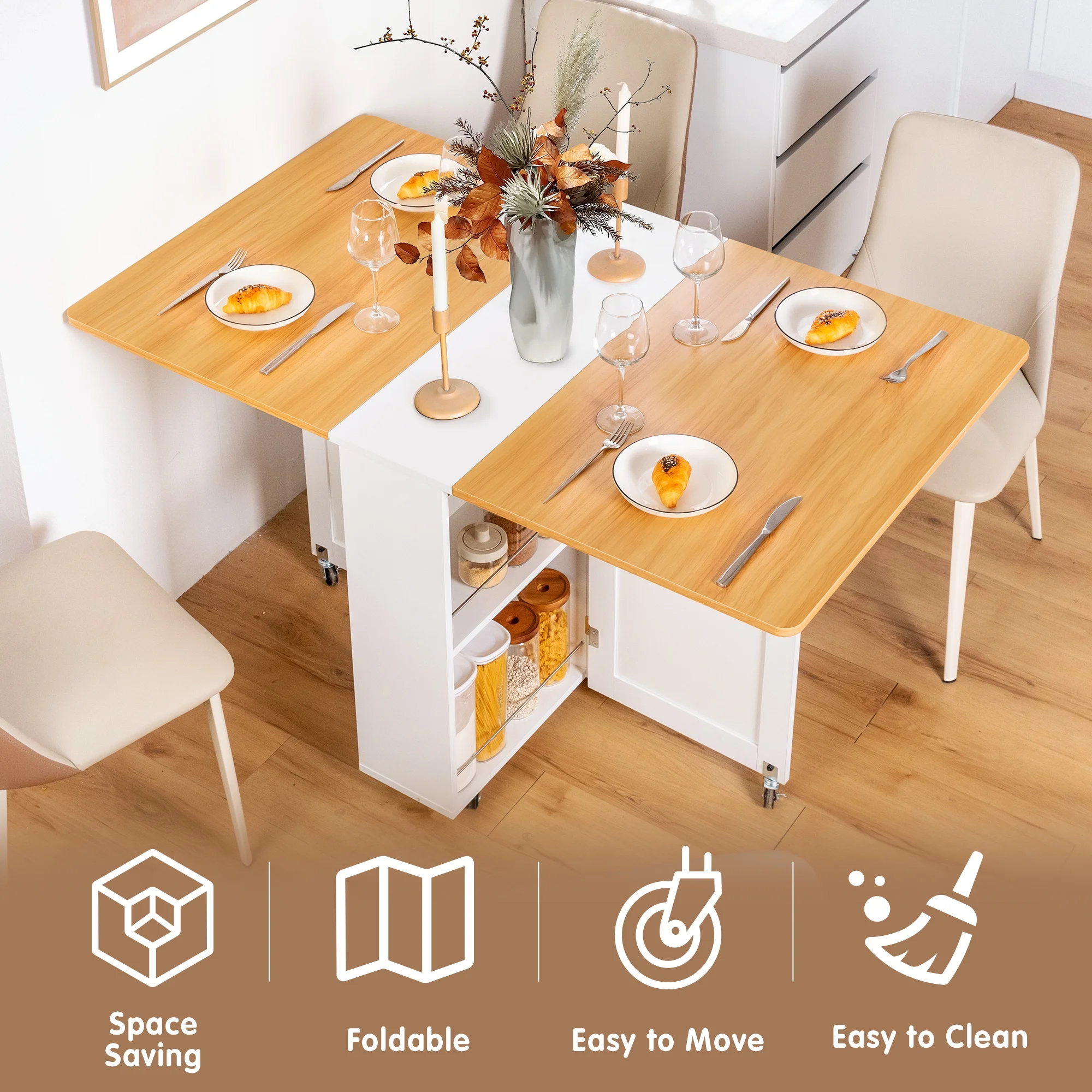 spanspace Folding Dining Table, Drop Leaf Dining Table with 6 Wheels and 2-Layer Storage Shelf, Space Saving Dining Table for Small Spaces,Folding Kitchen Table,White - Image 8
