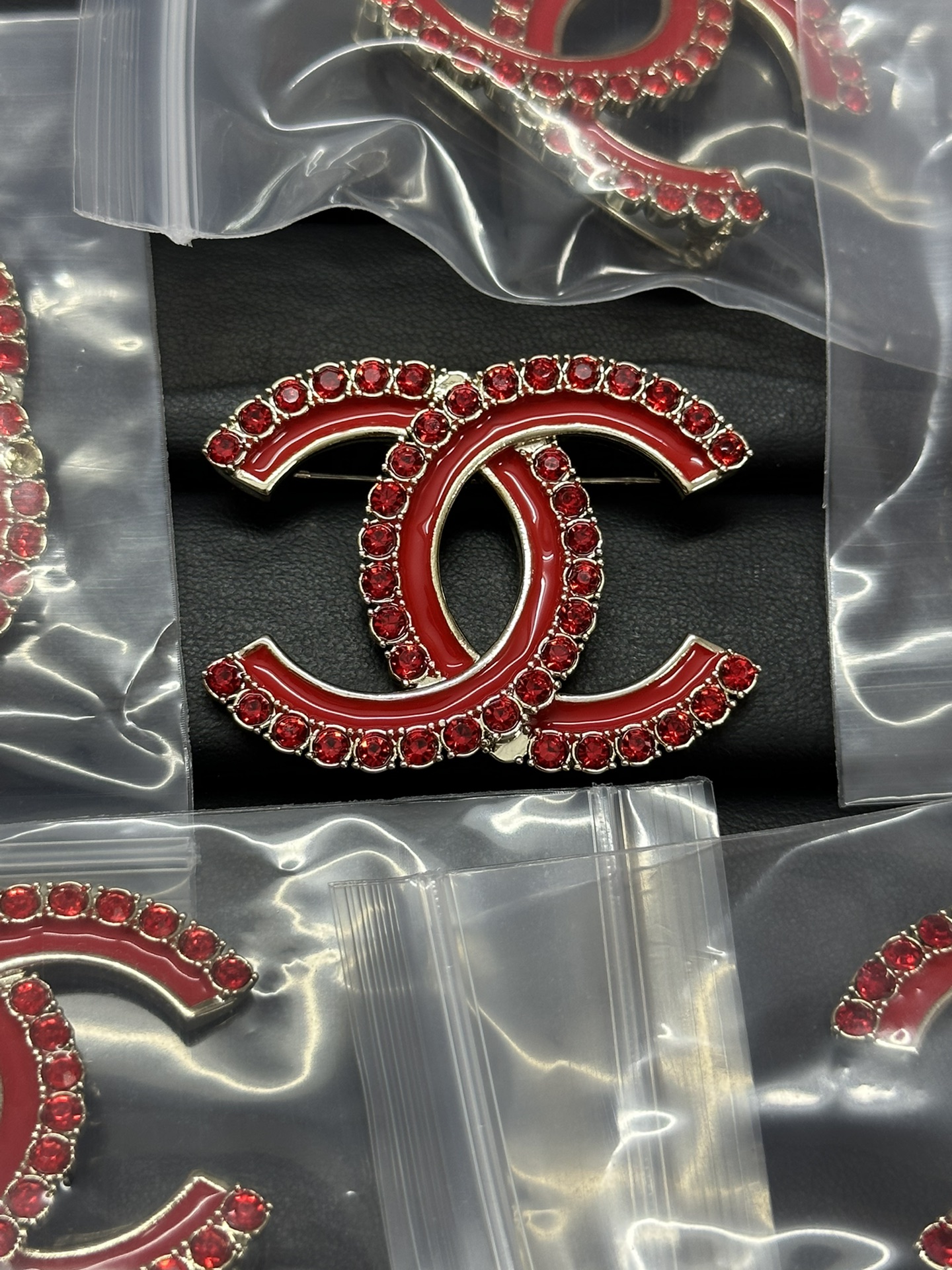 Chanel Red Enamel Rhinestone CC Brooch - Original Replica Club