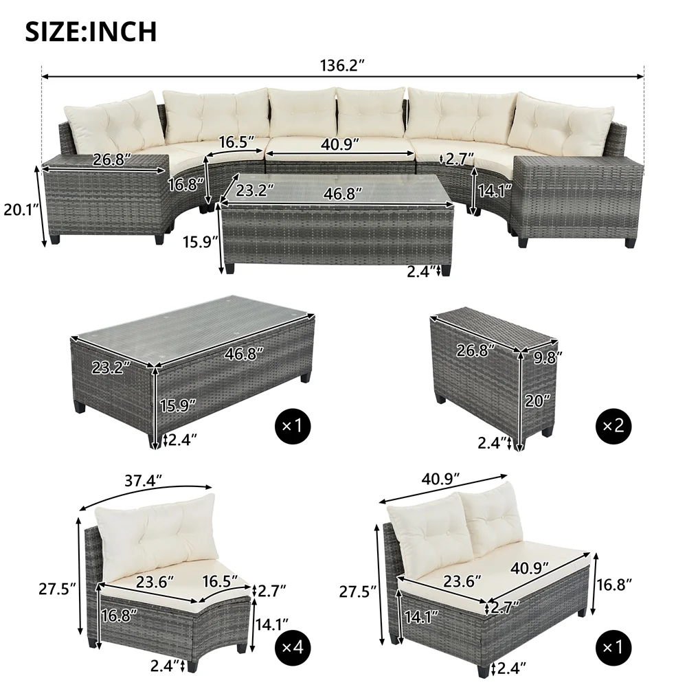 8 Pieces Outdoor Wicker Round Furniture Set, All Weather Half-Moon Sectional Patio Sofa Sets with Rectangular Coffee Table, Beige - Image 13