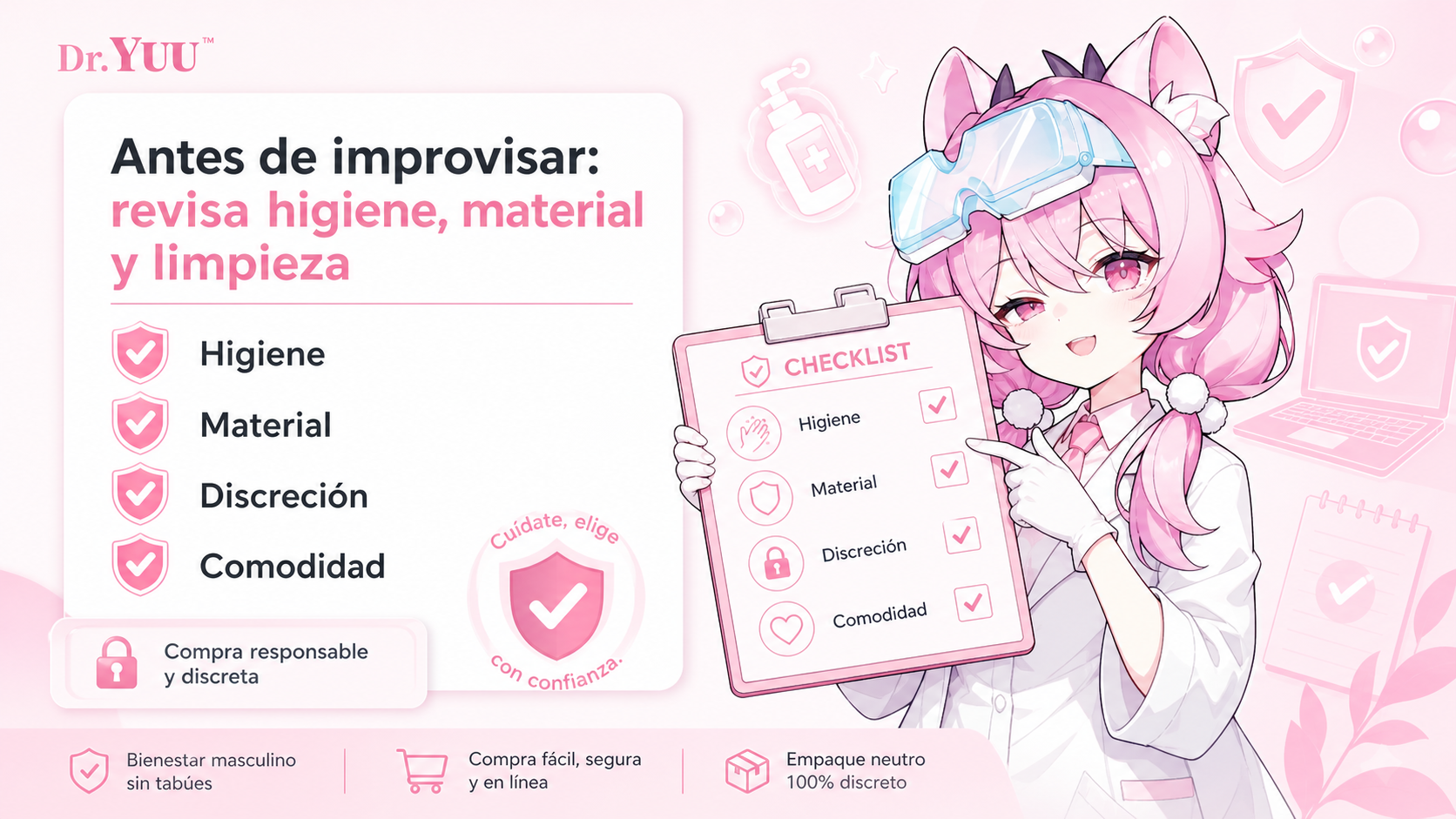 Dr.YUU explica por qué conviene revisar higiene, material, discreción y comodidad antes de improvisar en productos de bienestar masculino.