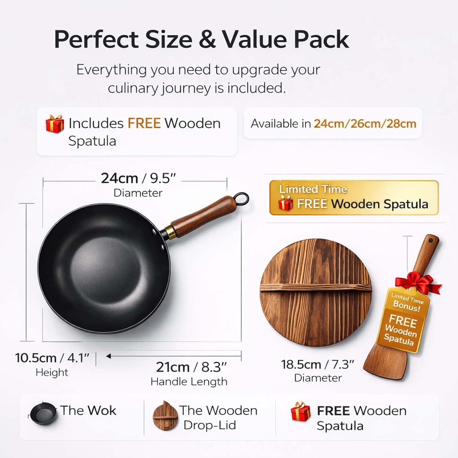 Traditional Forged Big-Belly Pot - Japanese-Style Big Belly Iron Wok with Lid, Nitrided Rust-Resistant & Uncoated Non-Stick Deep Frying Pan- Includes Wooden Spatula (No pot lid,24cm)
