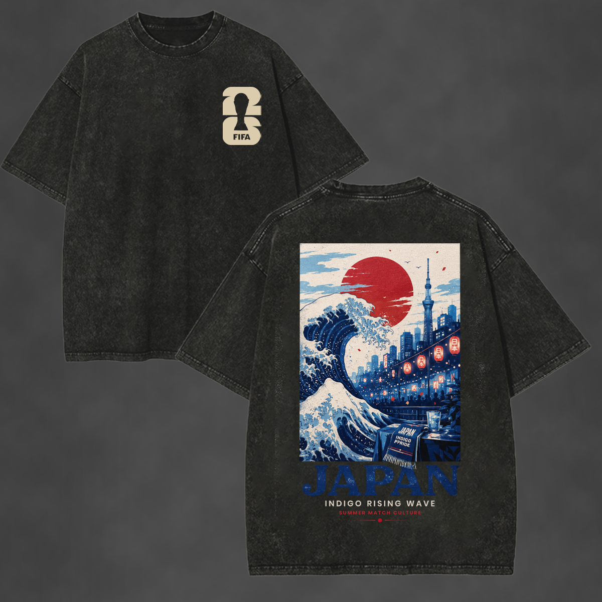 Indigo Rising Wave Printed Unisex Washed T-Shirt