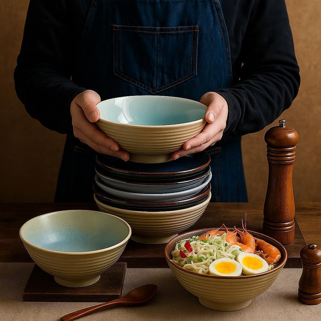Ceramic Ramen Bowls - 40 oz - 20cm - With Spoon and Chopsticks for Ramen Soup Pho Udon Asian Noodles, Large Noodle Bowls (Cat's eye glaze)