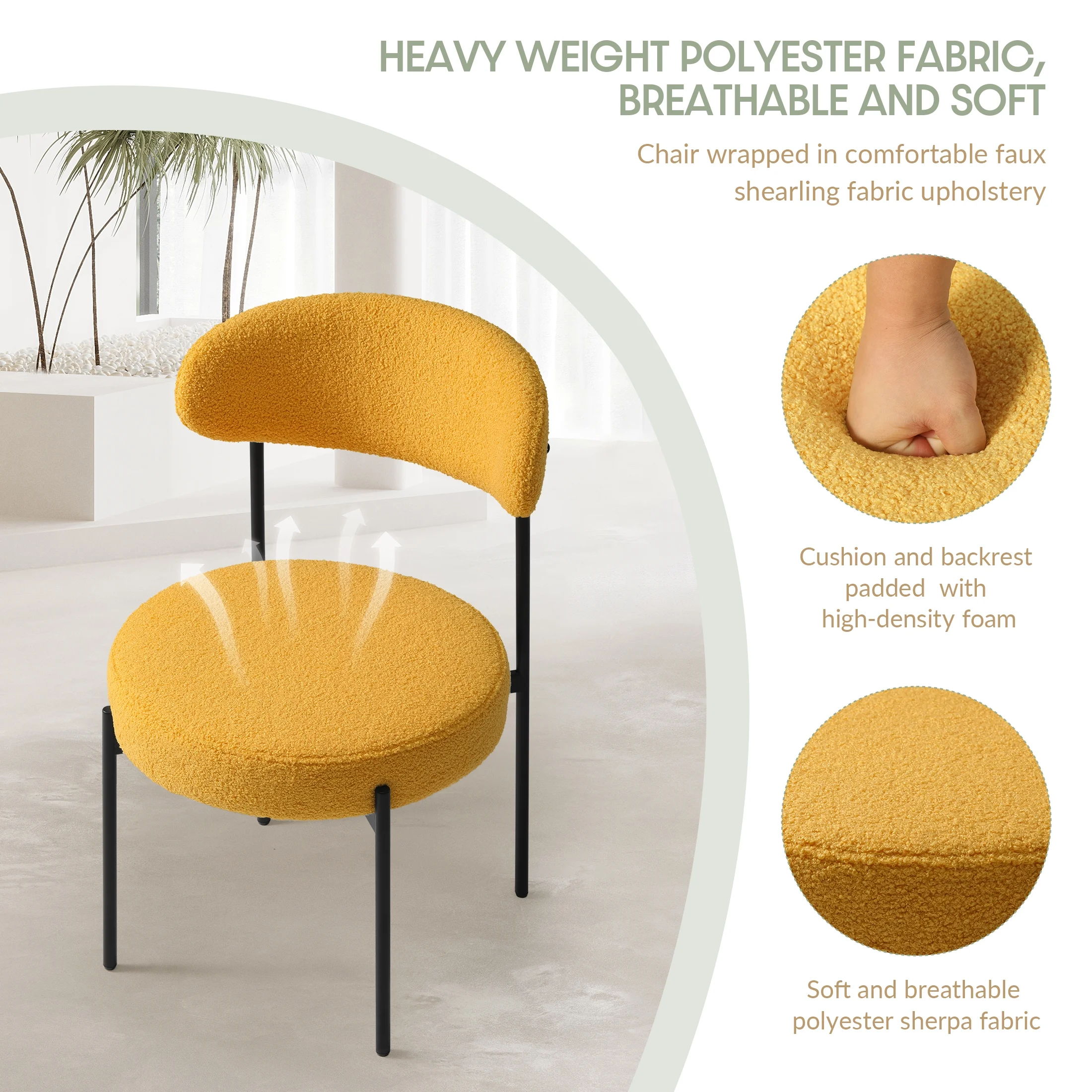WestinTrends Alexandria Mid-Century Modern Upholstered Sherpa Round Dining Chairs (Set of 4), Sunset Gold - Image 4
