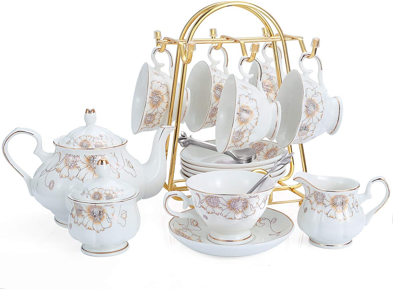 CHENP.HMC Tea Set 22-Piece Porcelain Ceramic Coffee Tea Gift Sets Cups Saucer Service for 6 Teapot Sugar Bowl Creamer Pitcher and Teaspoons (WHITE3)
