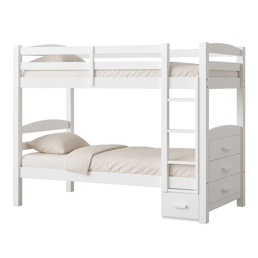 Cama literas blanca de madera con almacenamiento, estilo moderno, diseño funcional para habitaciones infantiles, estructura robusta, fácil acceso