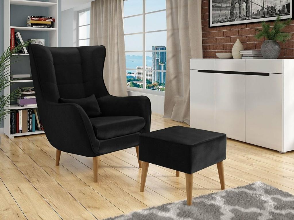 Sillón Comfivo 206, Negro, 106x80x95cm, Tapiz, Patas: Madera