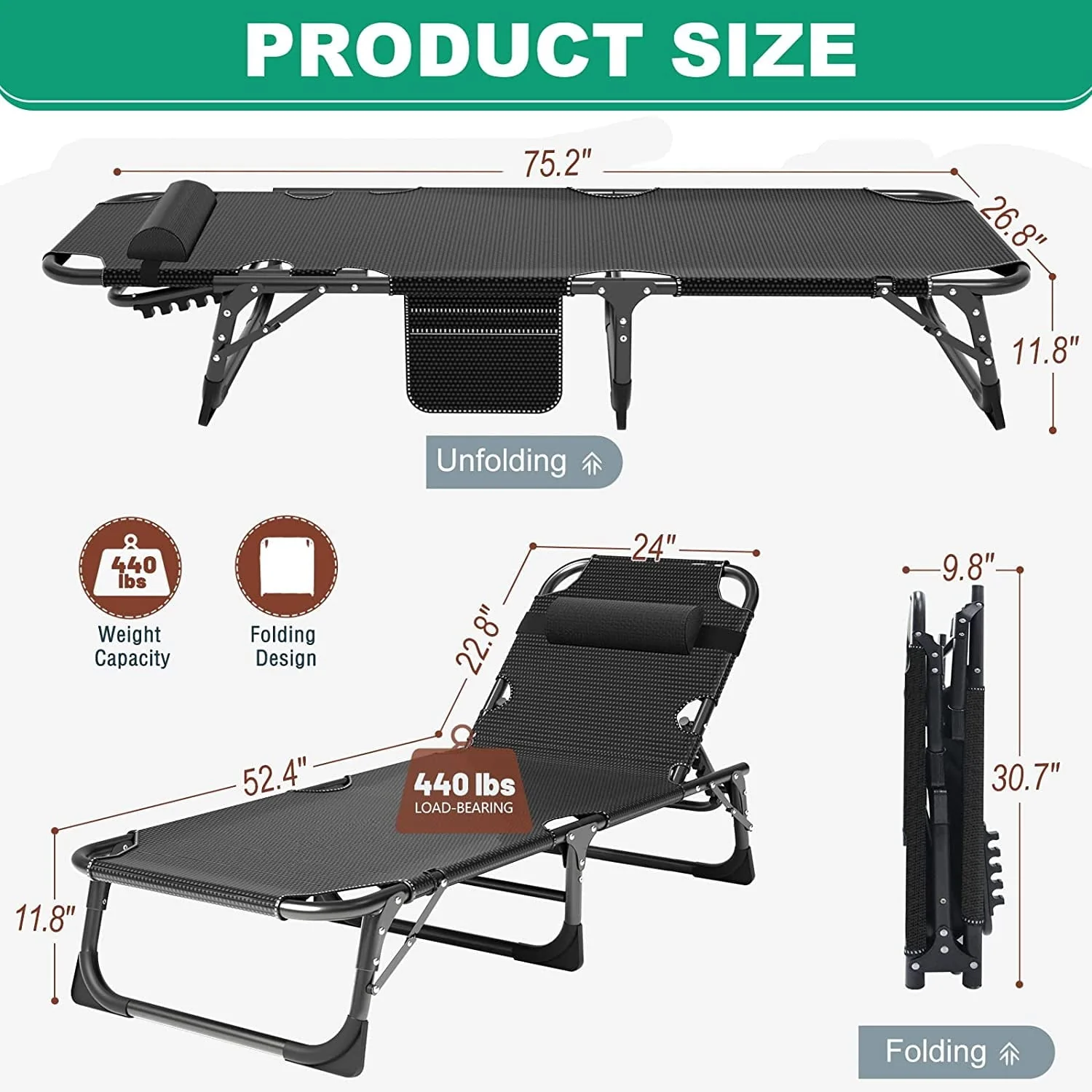 SLSY Folding Camping Cot with 2 Sided Cushion & Pillow, Adjustable 5-Position Outdoor Portable Folding Lounge Chair, Folding Sleeping Cots Bed - Image 4