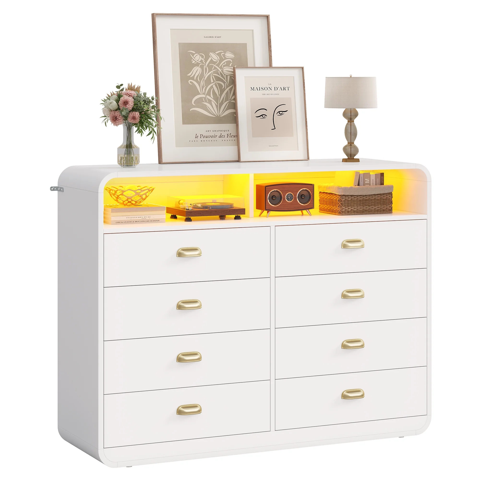8 Drawers Dresser, Modern Chests Of Drawers with LED Lights, Curved Design for Living Room, Bedroom, White - Image 8