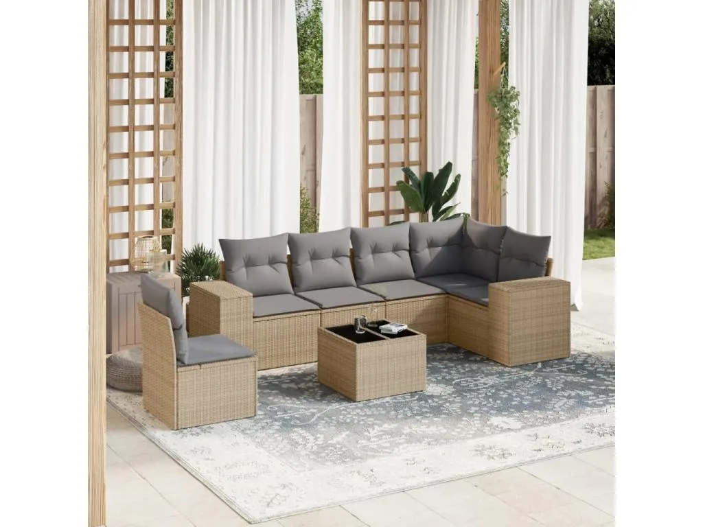 Set sofás de jardín 7 piezas y cojines ratán sintético beige slme16382