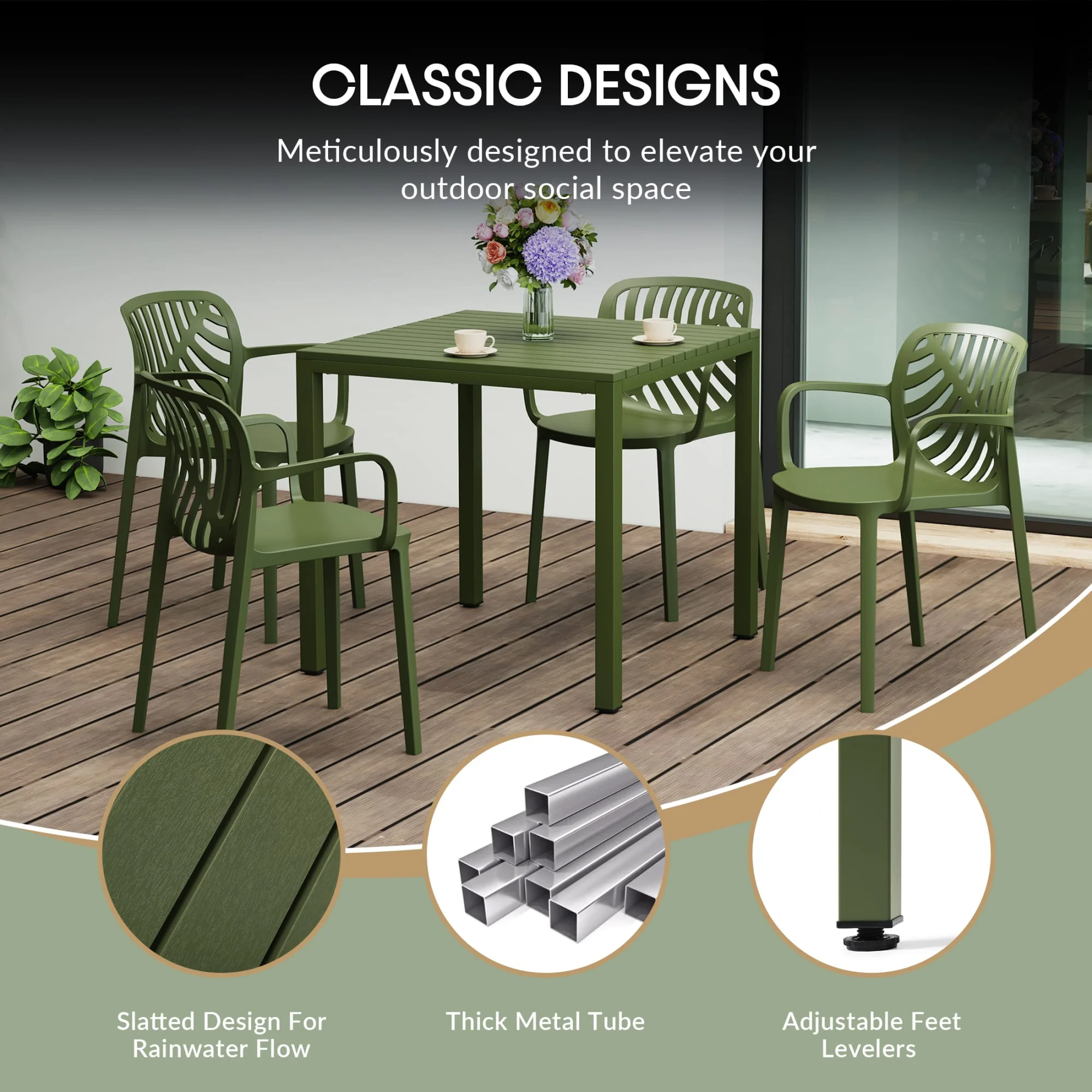 WestinTrends Playa 5-Piece Outdoor Patio Metal Frame Dining Table Set with Stackable Patio Dining Chairs, Olive Green - Image 17